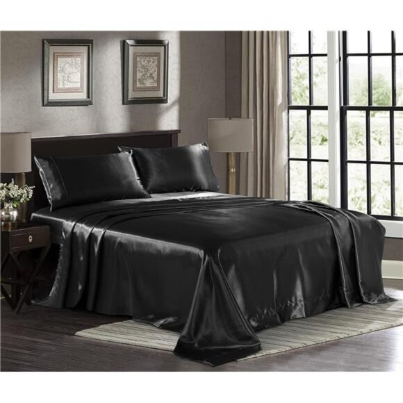 Satin Sheets Queen [4-Piece, Black] Hotel Luxury Silky Bed Sheets - Extra Soft - Picture 1 of 7